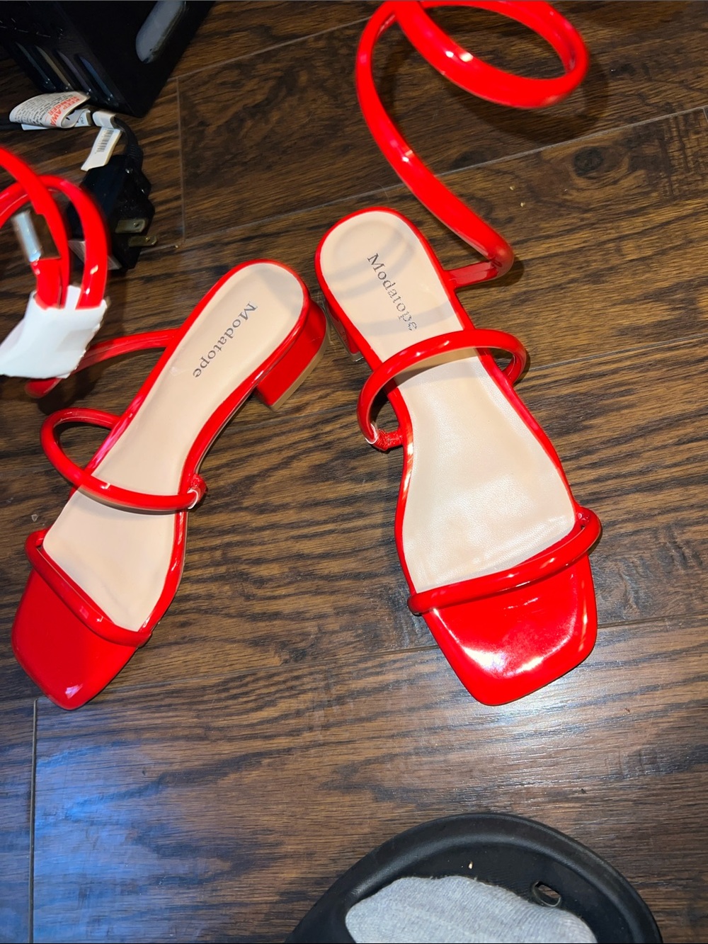 Moda Luxe Red Patent Strappy Block Heel Mules